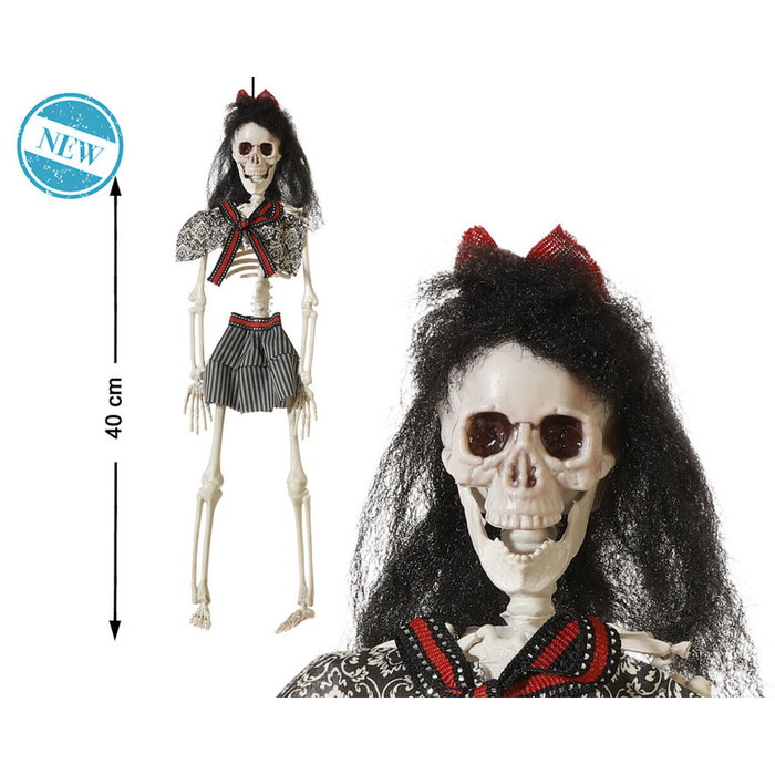 BigBuy Home Squelette Mariée avec Nœud Rouge et Jupe à Rayures 40 cm