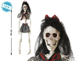 Figura Esqueleto De Novia, 40 cm, Lazo Rouge et Jupe à Rayures, Décoration Squelette Mariée Gothique pour Halloween et Jour des Morts