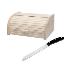 FACKELMANN Set de 2 Ustensiles : Huche à Pain : Huche à Pain en Bois et Couteau à Pain – Boîte de Rangement et Couteau à Pain Dentelé Acier Inoxydable