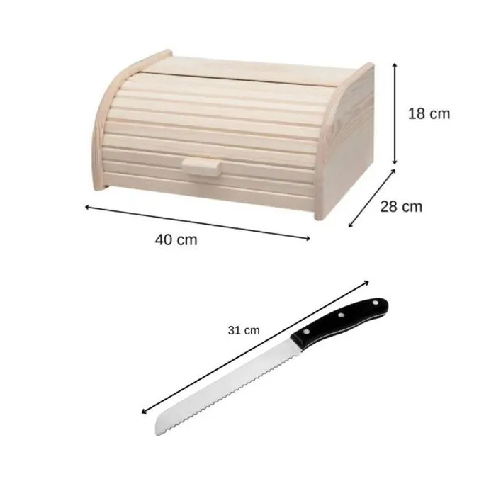 FACKELMANN Set de 2 Ustensiles : Huche à Pain : Huche à Pain en Bois et Couteau à Pain – Boîte de Rangement et Couteau à Pain Dentelé Acier Inoxydable