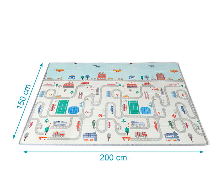 KioKids Tapis de jeu éducatif réversible et pliable pour enfants, motif véhicules et circuits, 150 x 200 cm, XPE impermeable, 0+ mois, Multicolor