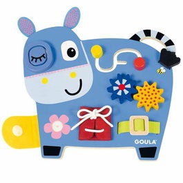 GOULA - Donkey Activities 1110100489 - Jouet d'éveil en bois avec labyrinthe, laçage et engrenages - Pour enfant à partir de 2 ans - Version espagnole