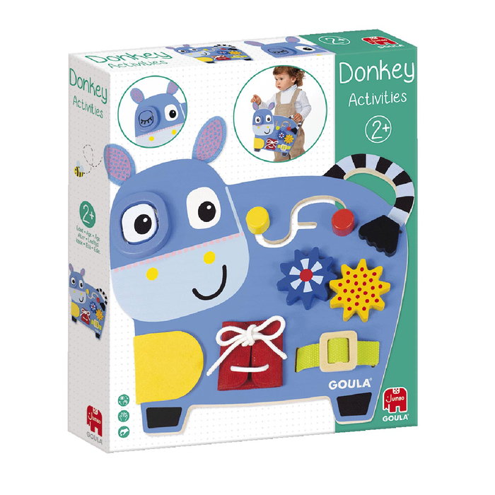 GOULA - Donkey Activities 1110100489 - Jouet d'éveil en bois avec labyrinthe, laçage et engrenages - Pour enfant à partir de 2 ans - Version espagnole GOULA - Donkey Activities 1110100489 - Jouet d'éveil en bois avec labyrinthe, laçage et engrenages - Pour enfant à partir de 2 ans - Version espagnole
