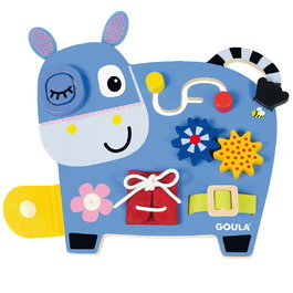 GOULA - Donkey Activities 1110100489 - Jouet d'éveil en bois avec labyrinthe, laçage et engrenages - Pour enfant à partir de 2 ans - Version espagnole
