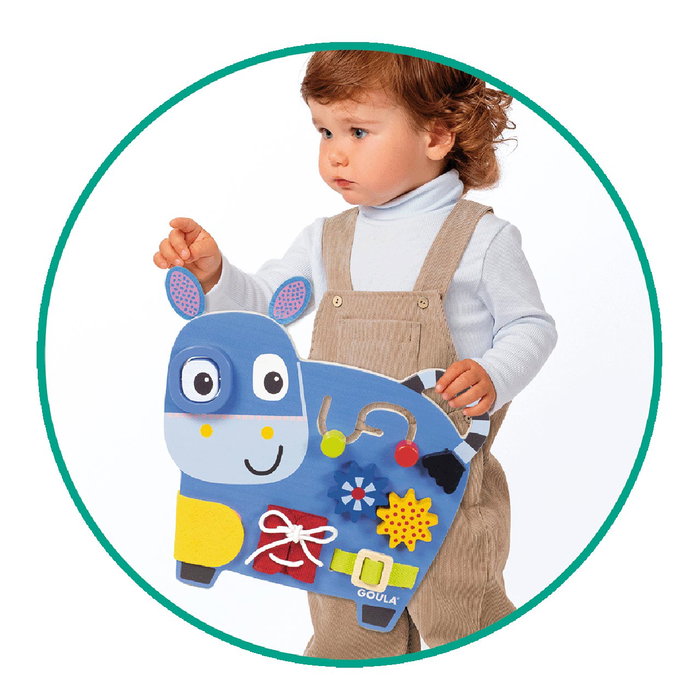 GOULA - Donkey Activities 1110100489 - Jouet d'éveil en bois avec labyrinthe, laçage et engrenages - Pour enfant à partir de 2 ans - Version espagnole GOULA - Donkey Activities 1110100489 - Jouet d'éveil en bois avec labyrinthe, laçage et engrenages - Pour enfant à partir de 2 ans - Version espagnole