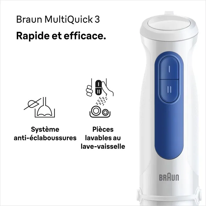 Braun - Mixeur plongeant MultiQuick MQ30001M - 900 W - 2 vitesses - Technologie PowerBell VPlus - Blanc et Bleu