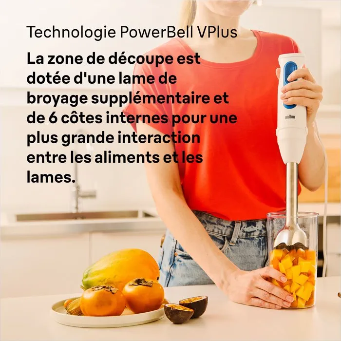 Braun - Mixeur plongeant MultiQuick MQ30001M - 900 W - 2 vitesses - Technologie PowerBell VPlus - Blanc et Bleu
