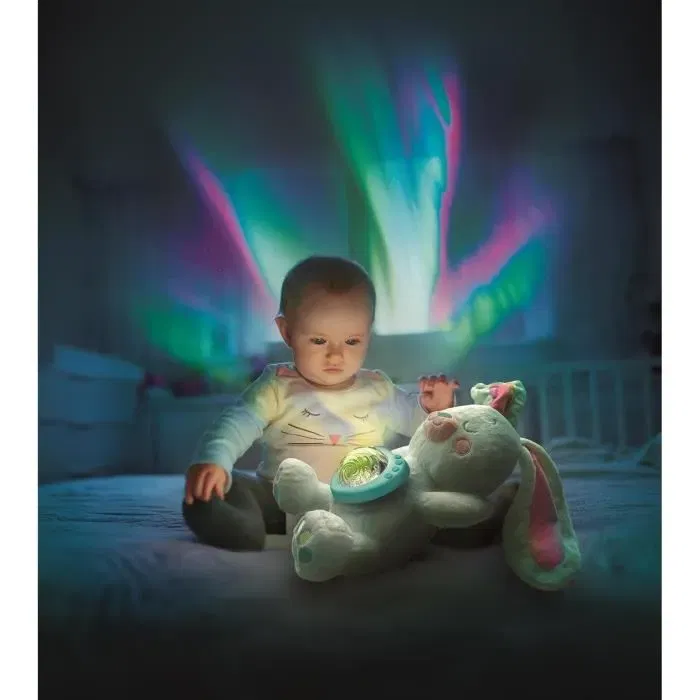 Clementoni - Mon Lapin Polaire - Projecteur d'Aurores Boréales avec Lumières, Musique et Bruits Blancs - Peluche Douce Lavable