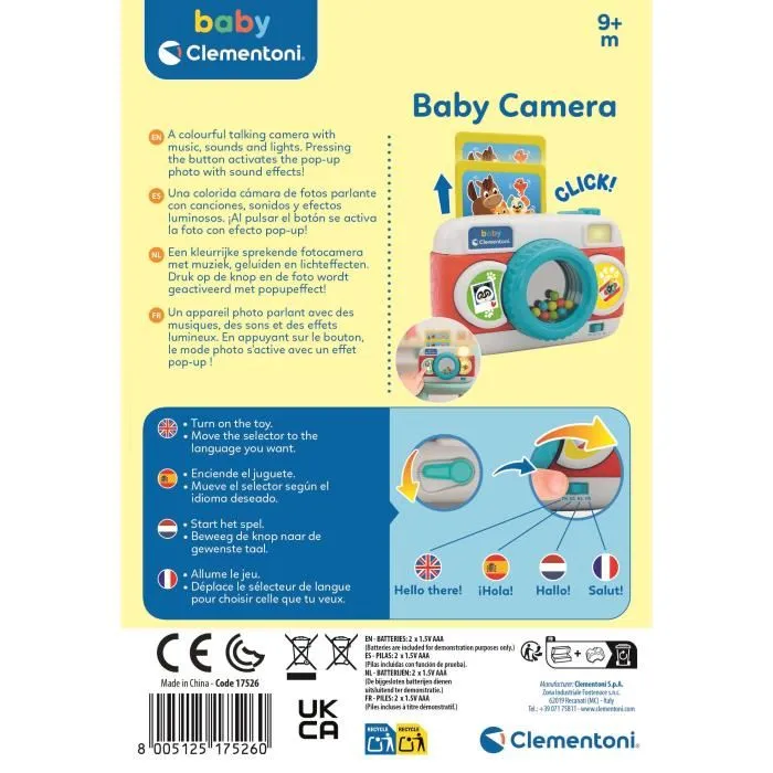 Clementoni - Jouet d'éveil Appareil Photo Bébé Parlant et Interactif avec Sons, Mélodies et Images Pop-up d'Animaux