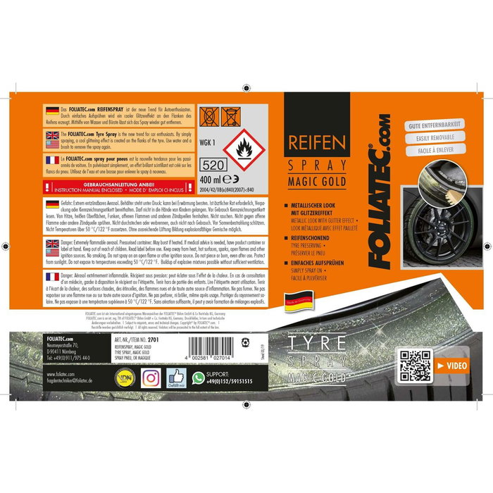 Foliatec Spray pour Pneus Doré 400 ml Foliatec Spray pour Pneus Doré 400 ml