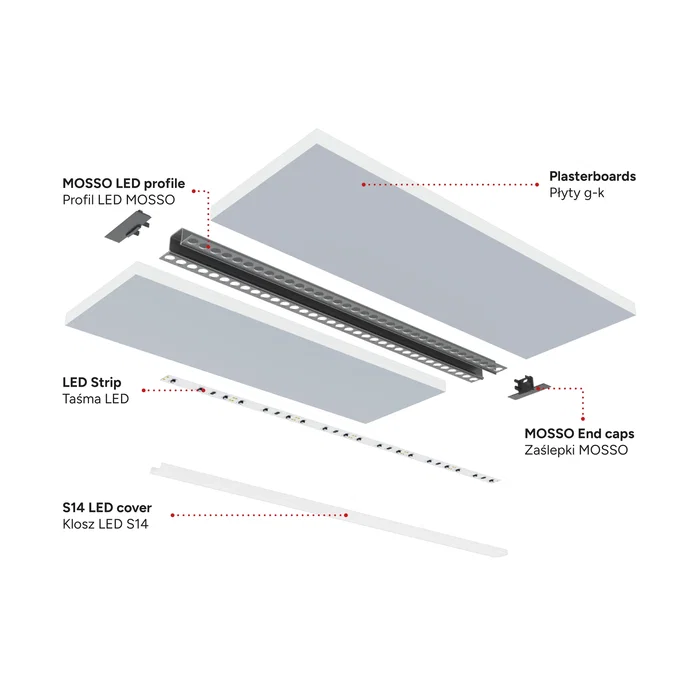 MOSSO KIMERA Profilé Aluminium Argent Anodisé avec Diffuseur Opal, Bouchons et Clips de Fixation 2.02M