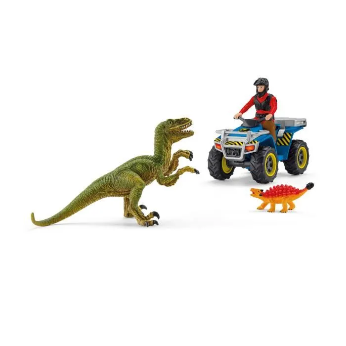 Schleich 41466 Dinosaurs - Coffret jouet Préhistorique Fuite sur quad face au vélociraptor, ensemble de 5 pièces, dès 4 ans