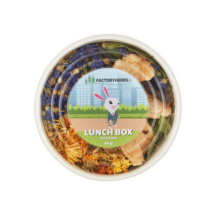 Factoryherbs Lunch Box Nourriture pour lapins, Chinchilla, Tortue, Rongeurs, Chiot, Canari, Oiseaux 80 g