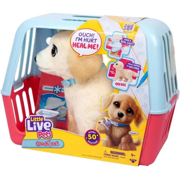 Little Live Pets - Mon chien Ouchies - Peluche chiot interactif avec patte cassée, plus de 50 sons, soin plâtre inclus - Jouet enfant dès 5 ans