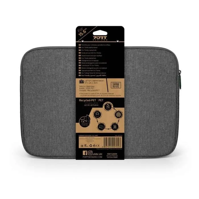 Port Designs Housse pour Ordinateur Portable ECO YOSEMITE 15.6 Pouces - Housse de Transport Compacte et Légère en Matériaux Recyclés (r-PET) - Gris