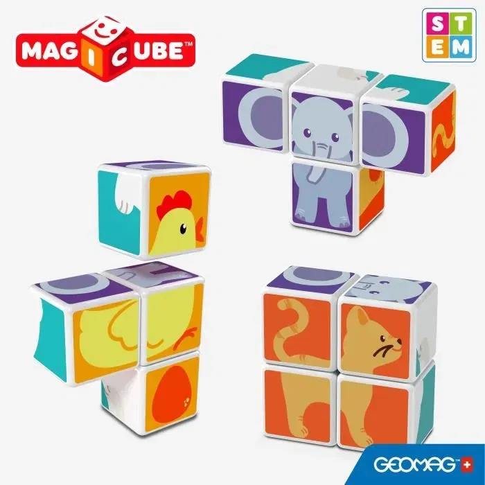 Geomag Animaux Amis - Jeu de construction magnétique éducatif STEM - 4 cubes magiques, 132 pièces, 3 cartes - Puzzle 3D pour enfants