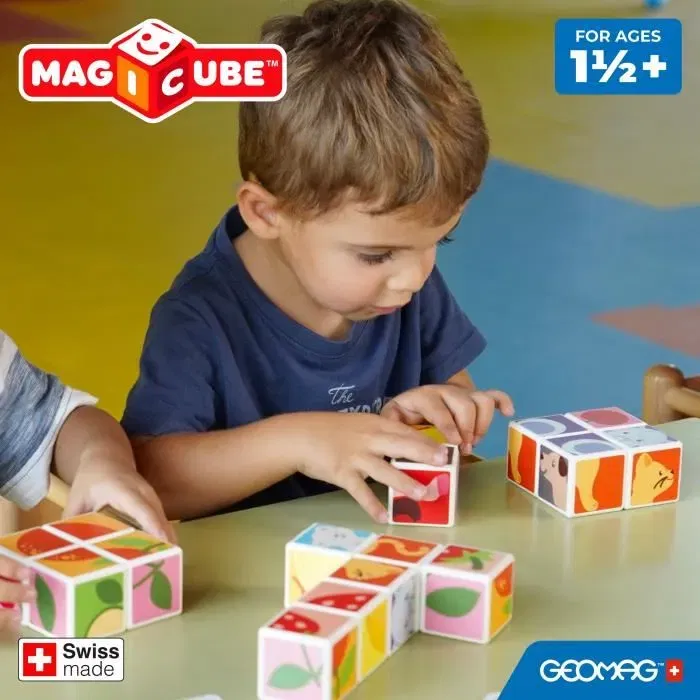 Geomag Animaux Amis - Jeu de construction magnétique éducatif STEM - 4 cubes magiques, 132 pièces, 3 cartes - Puzzle 3D pour enfants