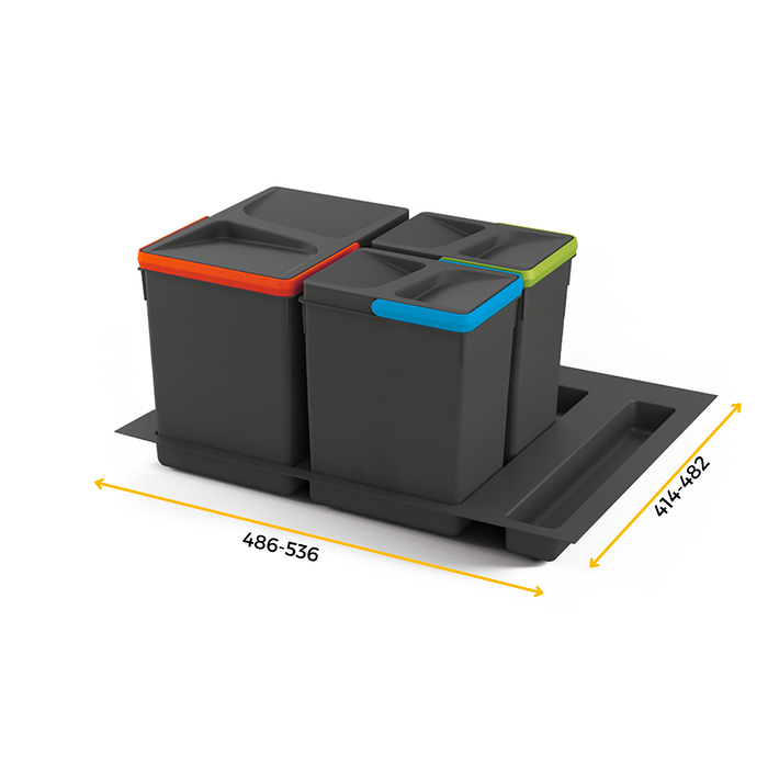 Emuca Kit poubelle de tri sélectif pour tiroir de cuisine avec socle Recycle hauteur 266mm, 1x15litres, 2x7litres, module 600mm, Plastique Gris antracite