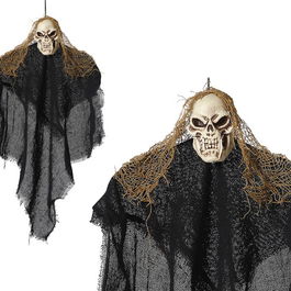 Décor pendante fantôme avec cape noire et cheveux en paille 50 cm, décoration macabre pour maison d'Halloween, scène de forêt hantée ou marais