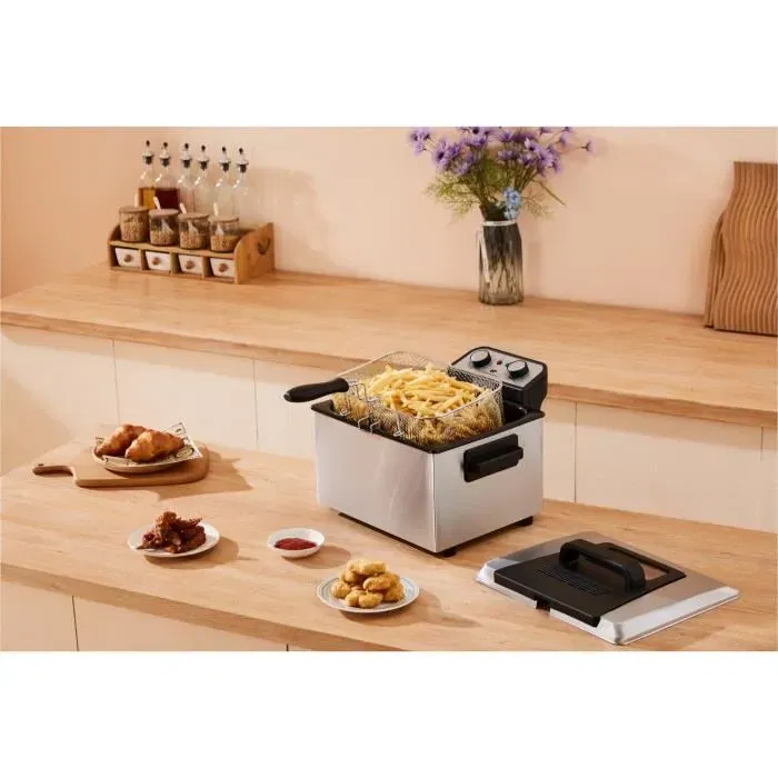 Continental Edison Friteuse CEFR5IN3P - 5 Litres, 3 Paniers dont 2 Petits et 1 Grand, Thermostat Réglable jusqu'à 190°C, Capacité 1 kg de Frites