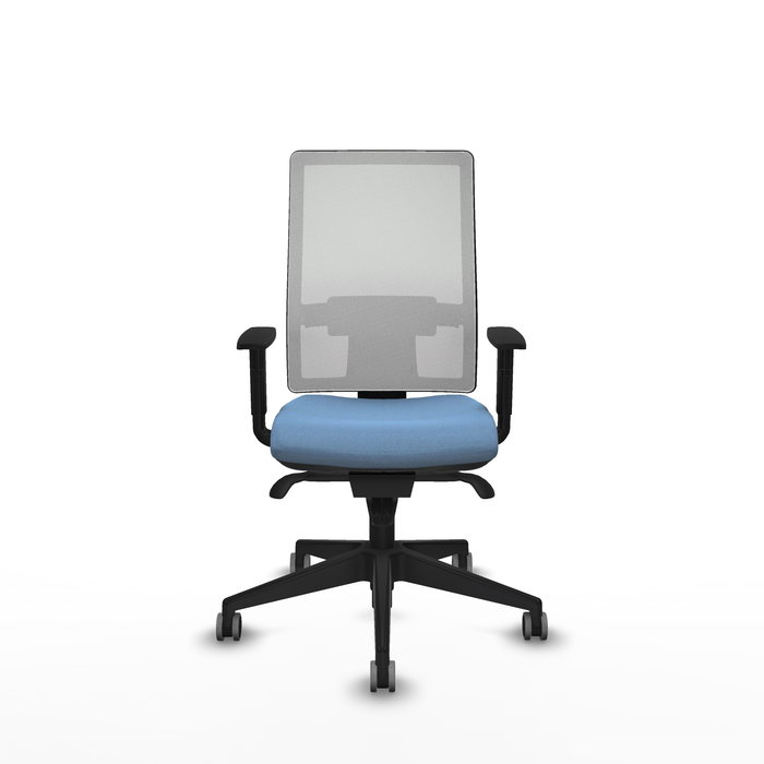 Chaise Horna Synchro 5 positions tissu Bleu ciel Maille Blanc Base pyramidale noire Accoudoir 1D Sans appui-tête Roulettes 65mm pour moquette