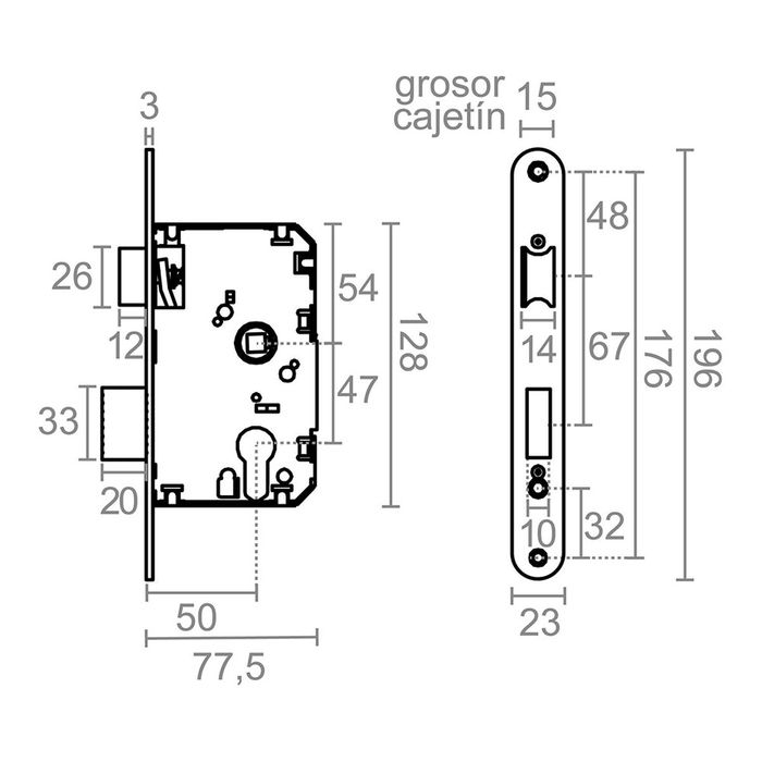 Serrure à mortaiser Micel Acier 47 mm
