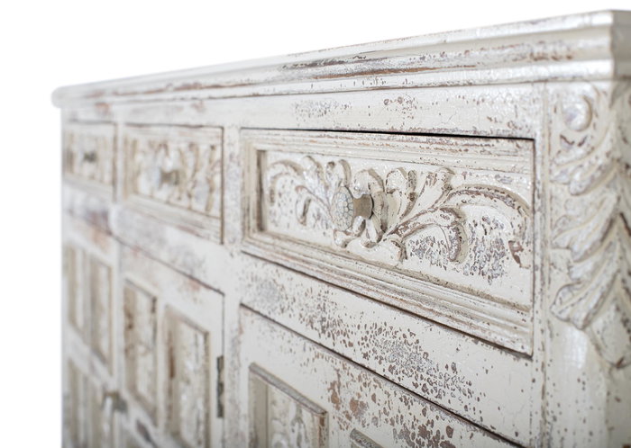 GINER Y COLOMER - Buffet en bois de manguier massif, finition blanc craquelé vieilli, 3 portes sculptées à la main, 175x95x44 cm