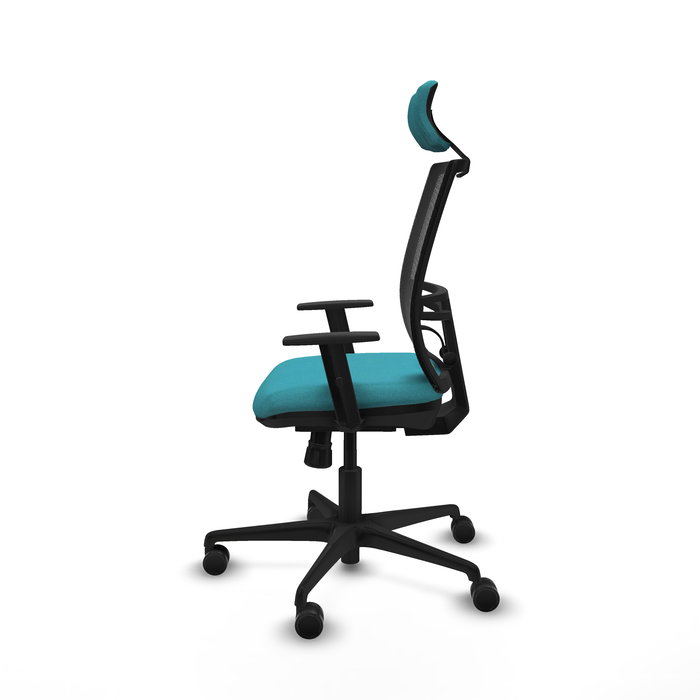 Chaise Yunquera Synchro 4 positions tissu Turquoise Maille Noir Base en nylon noir Accoudoir 1D Appui-tête 1D Roulettes 65mm nylon