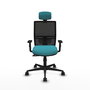Chaise Yunquera Synchro 4 positions tissu Turquoise Maille Noir Base en nylon noir Accoudoir 1D Appui-tête 1D Roulettes 65mm nylon