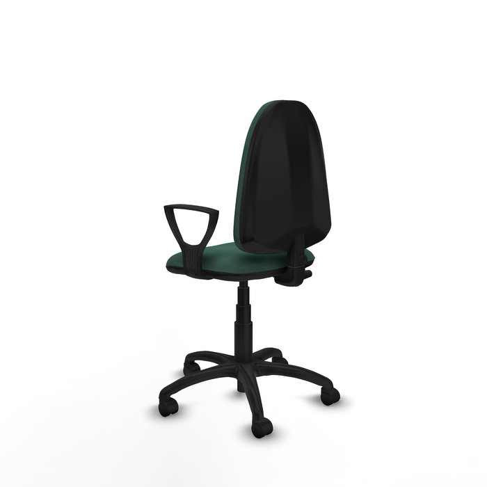 Chaise de bureau Aýna avec mécanisme Contact permanent de base, rembourrée de tissu vert bouteille. Équipée d'une base en polyamide noir, d'accoudoirs fixes et de roulettes en nylon de 50 mm.