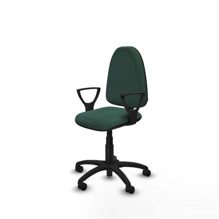 Chaise de bureau Aýna avec mécanisme Contact permanent de base, rembourrée de tissu vert bouteille. Équipée d'une base en polyamide noir, d'accoudoirs fixes et de roulettes en nylon de 50 mm.