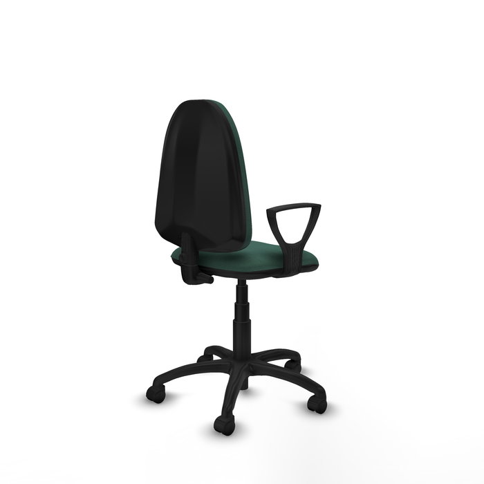 Chaise de bureau Aýna avec mécanisme Contact permanent de base, rembourrée de tissu vert bouteille. Équipée d'une base en polyamide noir, d'accoudoirs fixes et de roulettes en nylon de 50 mm.