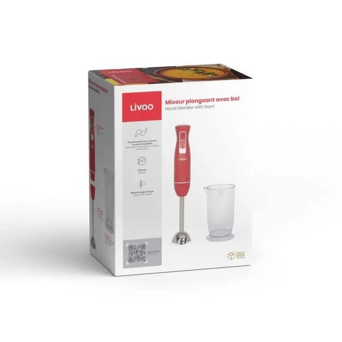 Livoo Mixeur Plongeant DOP245R 400W - Bol Gradué 700 ml, 2 Lames en Acier Inoxydable et 2 Vitesses