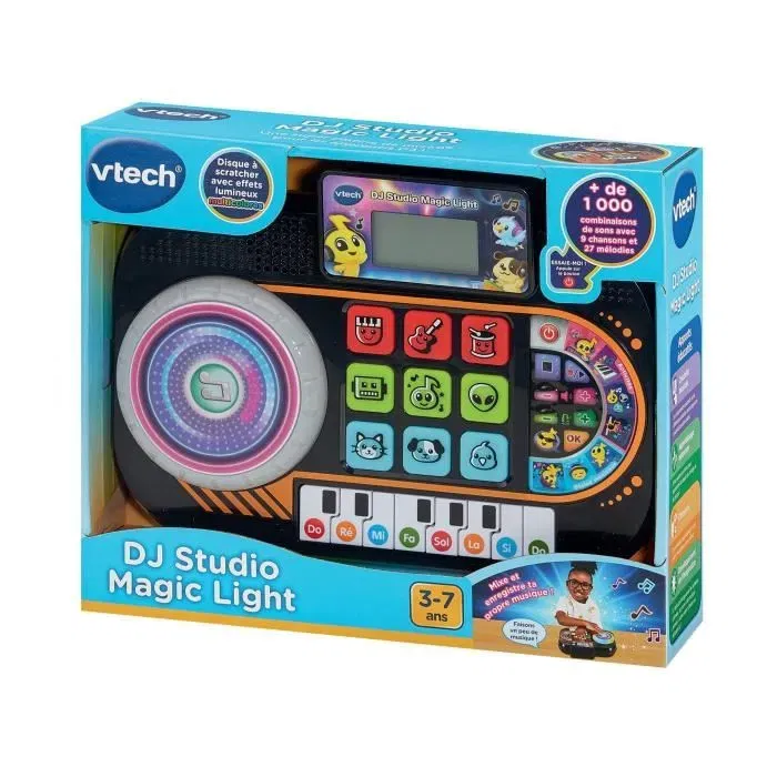 Vtech DJ Studio Magic Light - Platine musicale éducative pour enfants de 3 à 7 ans avec 8 touches piano, disque à scratcher et pad lumineux - 9 chansons et 27 mélodies