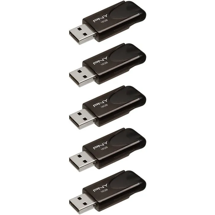 PNY Attaché 4 - Pack de 5 Clés USB 2.0 de 16 Go chacune - Design durable avec attache pour porte-clés