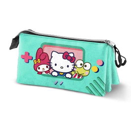 Sanrio Hello Kitty Ptodo Triple Videogame, Porte-crayons plat en ripstop, 3 compartiments avec fermeture éclair, dimensions 11 x 23 x 8 cm
