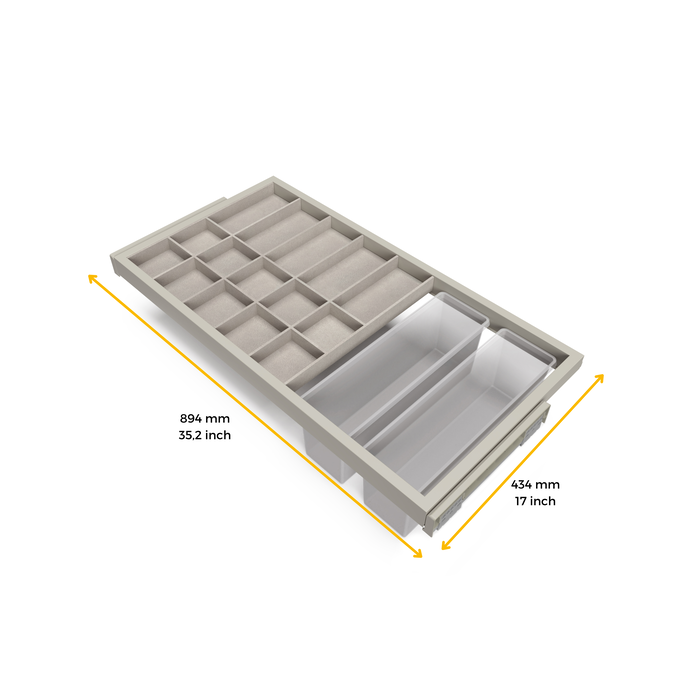 Emuca Kit de organisateur de tiroirs, plateau auxiliaire et cadre de coulissage soft close pour armoires, réglable, module 900mm, Gris pierre Emuca Kit de organisateur de tiroirs, plateau auxiliaire et cadre de coulissage soft close pour armoires, réglable, module 900mm, Gris pierre