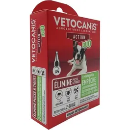 VETOCANIS DUO Anti-puces et tiques pour chiens de 2 à 10 kg - Solution spot-on Fipronil 67 mg / Pyriproxyfene 20 mg - Boîte de 4 pipettes