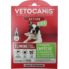 VETOCANIS DUO Anti-puces et tiques pour chiens de 2 à 10 kg - Solution spot-on Fipronil 67 mg / Pyriproxyfene 20 mg - Boîte de 4 pipettes