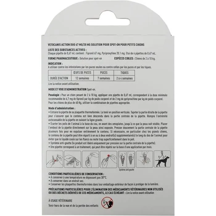 VETOCANIS DUO Anti-puces et tiques pour chiens de 2 à 10 kg - Solution spot-on Fipronil 67 mg / Pyriproxyfene 20 mg - Boîte de 4 pipettes