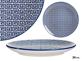 VESSIA Plat plat géométrique bleu et blanc en porcelaine, lot de 24 pièces