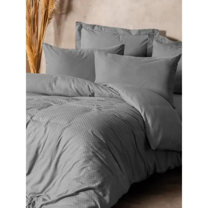 Parure de lit King - 1 housse de couette 220 x 240 cm + 2 taies d'oreiller 60 x 60 cm - Coton renforcé 100% - Gris - 145 fils
