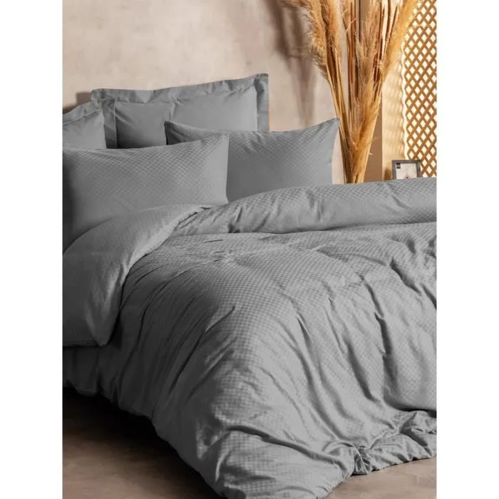 Parure de lit King - 1 housse de couette 220 x 240 cm + 2 taies d'oreiller 60 x 60 cm - Coton renforcé 100% - Gris - 145 fils