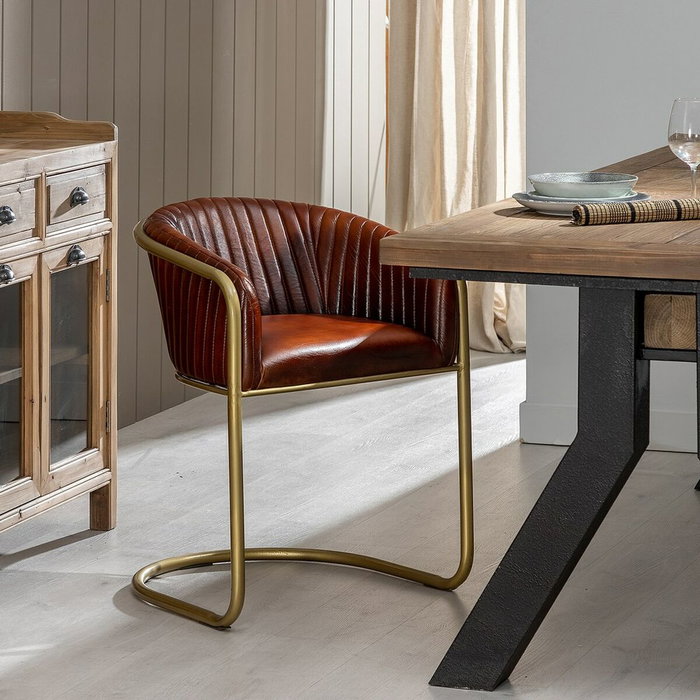 BigBuy Home Chaise de Salle à Manger Marron Doré Cuir Fer BigBuy Home Chaise de Salle à Manger Marron Doré Cuir Fer