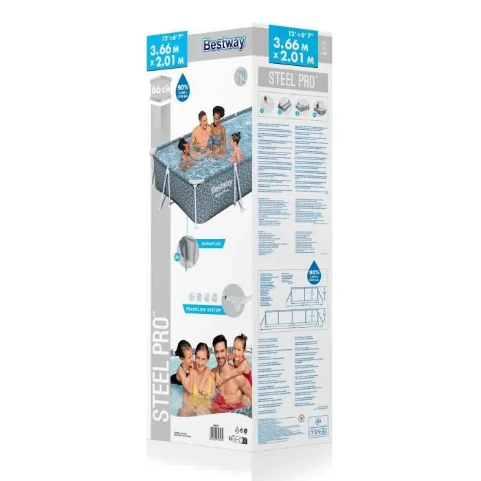 Bestway Steel Pro - Piscine hors sol tubulaire rectangulaire, 366 x 201 x 66 cm, 17203 litres, décor graphique, filtre à cartouche, acier