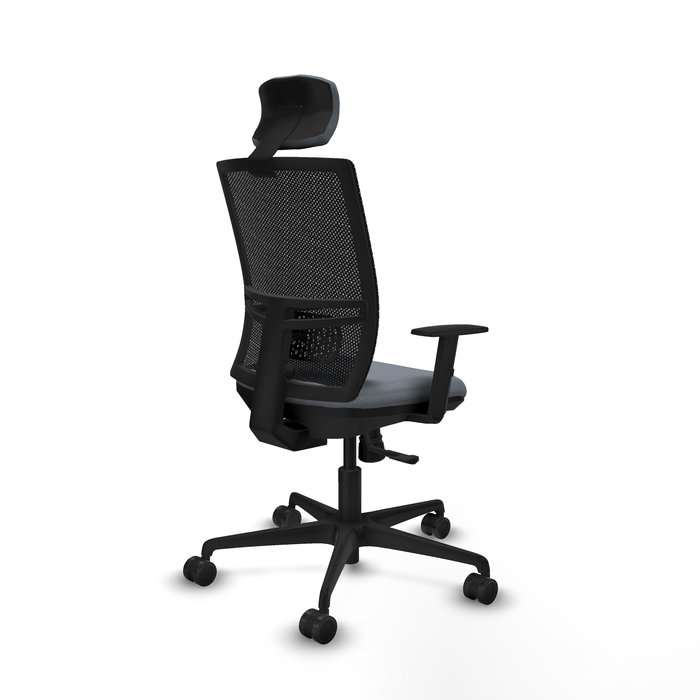 Chaise Yunquera Synchro 4 positions tissu Gris Maille Noir Base en nylon noir Accoudoir 1D Appui-tête 1D Roulettes 65mm nylon