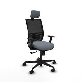 Chaise Yunquera Synchro 4 positions tissu Gris Maille Noir Base en nylon noir Accoudoir 1D Appui-tête 1D Roulettes 65mm nylon