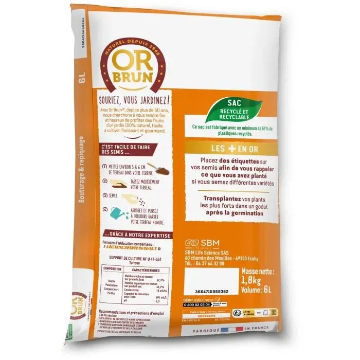 Or Brun OBRTSEM6U Terreau pour Semis 6L - Améliore le Drainage et la Rétention d'Eau - Germination Optimale