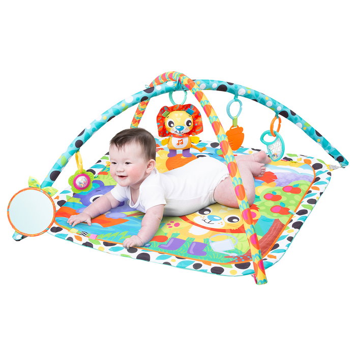 Playgro Gym Musical Jardin Joyeux avec Sonnette, Fleur à Mordiller, Lion Musical, Miroir et Rubans Tactiles - Multilingue