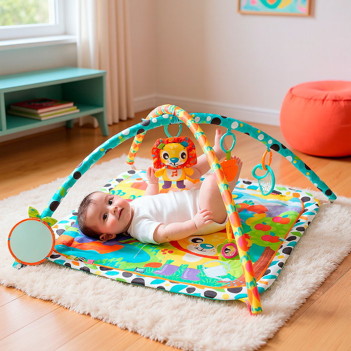 Playgro Gym Musical Jardin Joyeux avec Sonnette, Fleur à Mordiller, Lion Musical, Miroir et Rubans Tactiles - Multilingue
